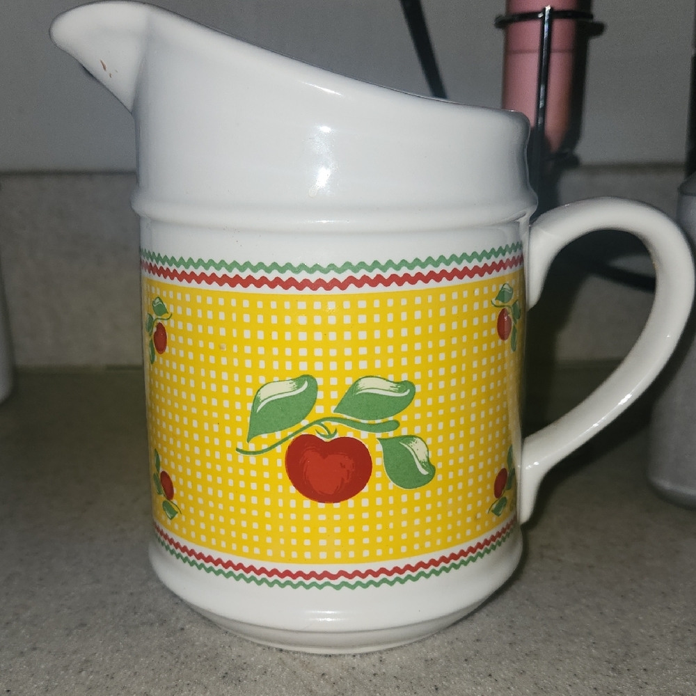 Charming Vintage Apple Pitcher with Yellow Gingham Design